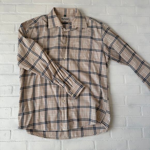 Barbour Men's Beige and Navy Plaid 100% Cotton Flannel Long Sleeve Shirt sz L - Picture 1 of 6